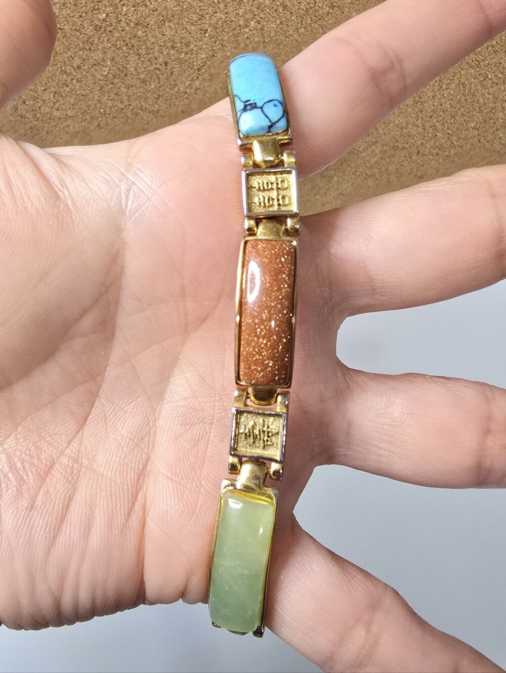 Chinese Good Luck Multicolor Gold & Blue Stone Link Bracelet